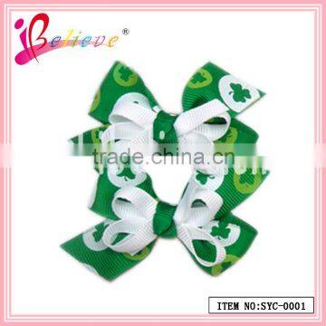 Fashion friendly hair accessories no fade grosgrain green & white clover hair bow clips for girls (SYC-0001)