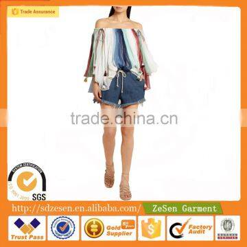 Women 100% Cotton Wholesale Frayed Denim Shorts With Elasticated Drawstring Waist