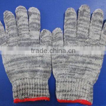 Cotton/Polyester knitted gloves,grey/nature color,3 yarns,7 gauge