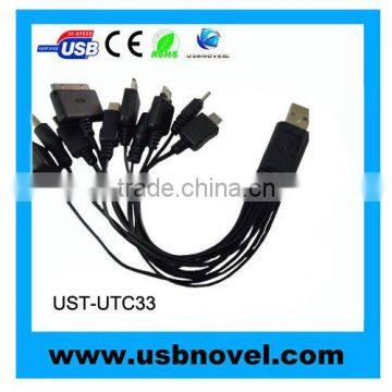 10 in 1 Universal USB Charger Cable Car charger& Travel charger for mobile phone, MP3 MP4