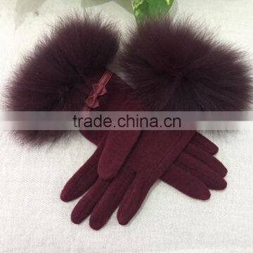 Sweet Heart Fox Fur Trim Wool Knitted Mittens With Cute Bow Fur Cuff Cashmere Fingers Gloves For Girls