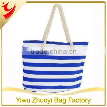 Blue and White Strip Cotton Canvas Beach / Tote Bag with Two Inside Pockets and Zipper Closure