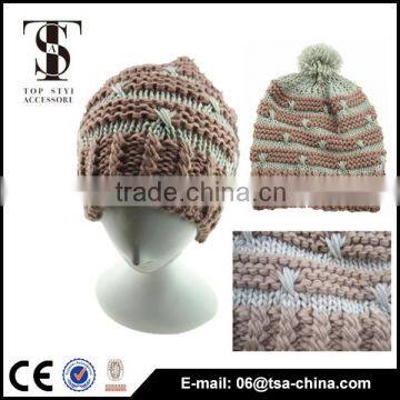 Pom pom style beanie hats wholesale,custom knit acrylic beanie