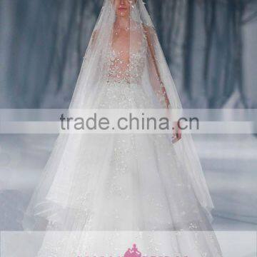 AR-106 New Style Vestiti Da Sposa With Wedding Veil See Through Flowers Appliques Long Tulle Sleeve Sexy Wedding Dress Puffy