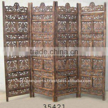 Carved Wooden Screen 4 Panel Antique Finish