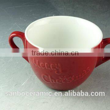 Colored Ceramic Mug Cup/soup Cup Two Handles 550 ml With Spoon / Christmas Cup Embossed