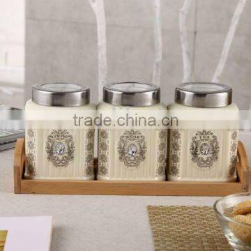 Square Ceramic Canister Set With Bamboo Stand photo-2