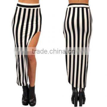 Fashion Womens Summer Bodycon High Waist High Split Black&White Striped Casual Long Skirt