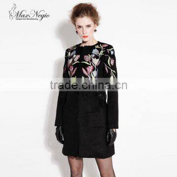 above knee black handmade embroidery lace design luxury winter cashmere coat ladies woolen suits