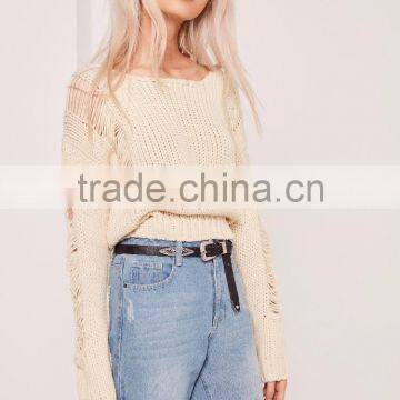 Plain White Ladies Sweater Knitwear Pullover Drop Shoulder Ladder Shoulder Distressed Crop Jumper Women photo-4