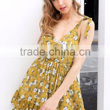 Sexy Backless Padded Print Summer Dress Women Summer v Neck Beach Dresses Boho Strap Yellow Short Dress photo-5