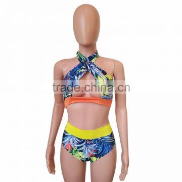 Polyester Bikini backless two piece printed leaf pattern Sold By Set