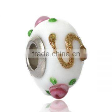 Lampwork Glass European Style Large Hole Beads Round White Pink Flower Golden " S " With 304 Stainless Steel Silver Tone Core