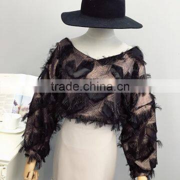 B22669A Sweet temperament feather tassel V-neek Lantern Sleeve Chiffon shirt