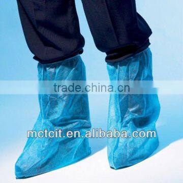 Disposable waterproof plastic boot cover with elastic side/tie on