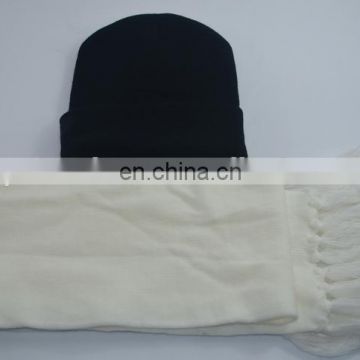 Winter unisex blank black knitted hat and white scarf sets