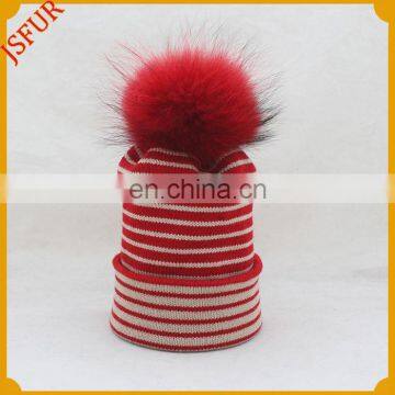 Five Colour Stripe Wool Hat Raccoon Fur Bobble Beanie Fur Hat