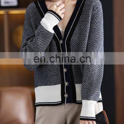 Women Fashion Plaid V Neck Jacquard Merino Wool Korean Style Casual Cardigan Sweater photo-5