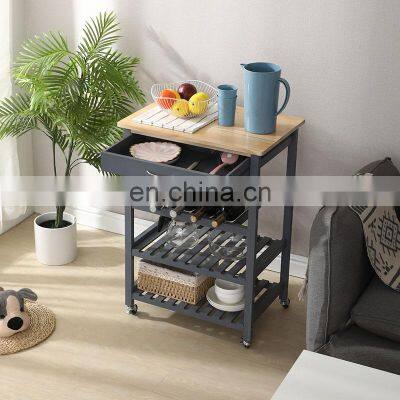 Living Room Wooden Movable Stainless Steel 4-tier Kitchen Storage Shelf / Holders & Racks Organizer Rack With Drawer photo-3