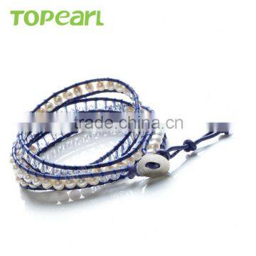 Topearl Jewelry 2016 Potato White Freshwater Pearl and Crystal Bracelet Woven Leather Wrap Girls Fancy Bracelets CLL167 photo-2