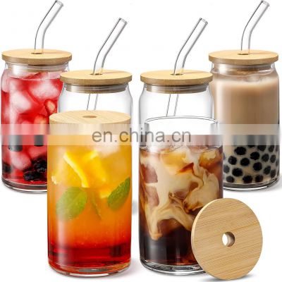 Custom Logo16oz Sublimation Soda Cup Beer Can Shaped Glass with Bamboo Lid and Straw