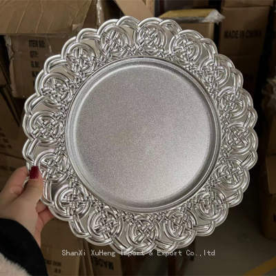 Hot Sale Bulk Wedding Christmas Party Table Decor 13 inch Silver Retro Round Acrylic Charger Plates