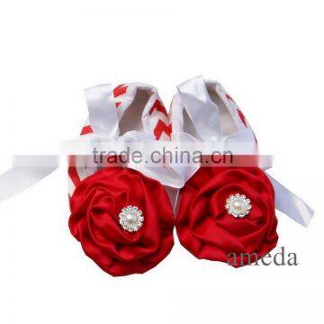 Baby Red Chevron Crib Shoes with Crystal Red Satin Rosettes