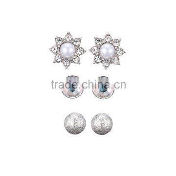 Pearl Rhinestone Flower Matt CCB Ball In Silver Plating Set of 3 Mixed Stud Earring Pack