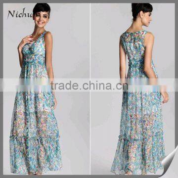 2015 Chiffon Fabric Floral Printed Latest Maxi Dress