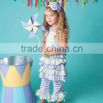 China Cheap Wholesale Toddler Girl Summer Short Sleeve Chevron Ruffle Pant Boutique Outfit Set photo-3