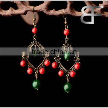 Exaggerated style Decorative Women's Long Drop earrings with Red green stone beads