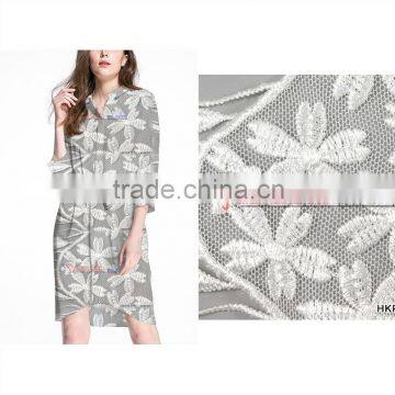 GZ Hongming silver thread Stitching flower plain embroidery with organza basic breathable fabric for long dress ODM