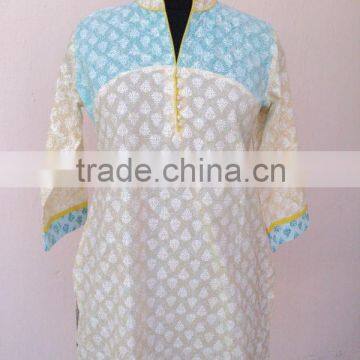 white khadi print tunic with beautiful color matching yoke, Indian ethnic kurtis