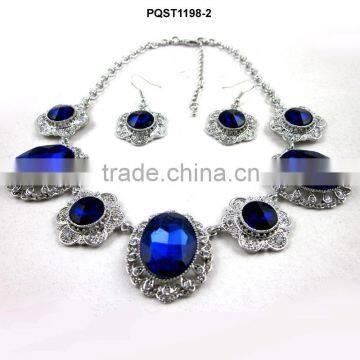 2015 new products ocean blue diamond engraved flower necklace jewelry sets