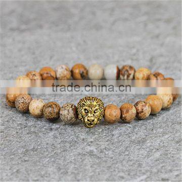 KJL-0002 2015Fashion Bracelet,Picture Japser Stone Men Bracelet, Gold Lion Head Bracelet.19.5-20cm Length Or Extend