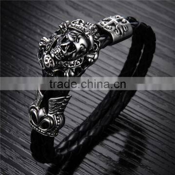 New Trending Skull Style Stainlesss Steel Genuine Leather Bracelet Men photo-3