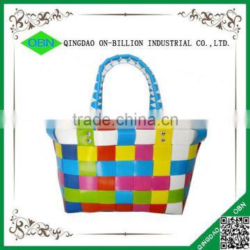 Handmade plastic strap woven basket for shopping