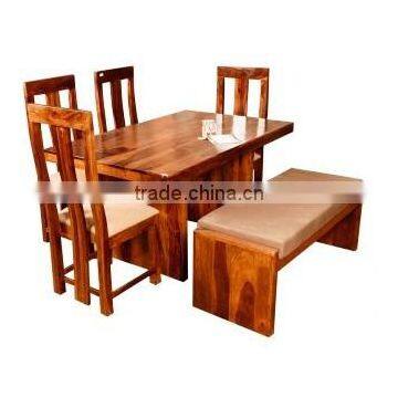 Classic finish six sitter wooden dining table set with cushion chairs and bench