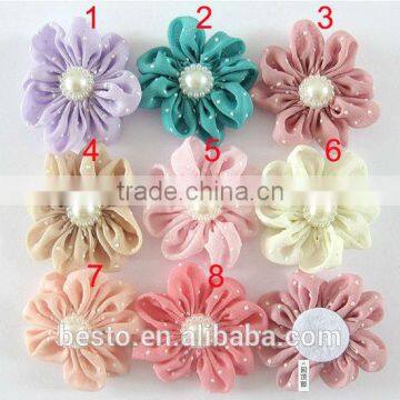 Decorative lovely wholesale cheap pearl center chiffon flower for girl's clothes