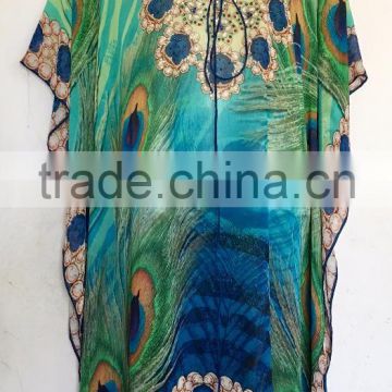 Peacock digital print crystal embellished lace up kaftan CAFTAN tunic poncho blouse