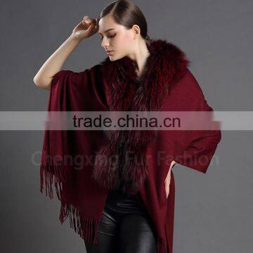 CX-B-P-21 Women Fashion Cashmere Pashmina Shawl With Fur Trim