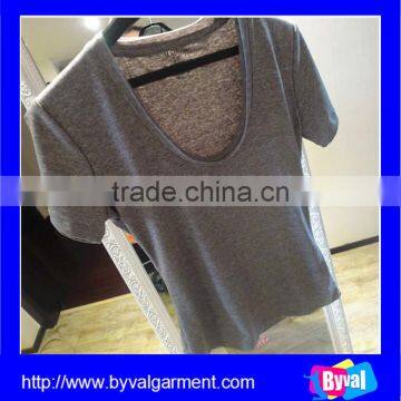 Wholesale Summer Simple Gray Deep O Neck Double Neck Cotton Plain Woman Short Sleeve T-shirt