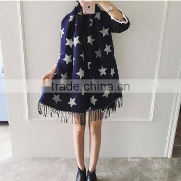 Wholesale Price 2017 New Arrival Girl Scarf White Stars Blue Bottom Color Printed 200*68cm School Student Tippet With Tassels photo-5