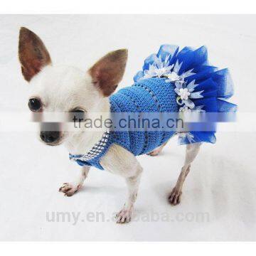 Blue Dog Tutu Dress Crochet Bling-bling Handmade Crocheted Wedding Designer Chihuahua Clothes Cat Costume