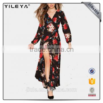 long sleeve floral black women maxi bohemian dress