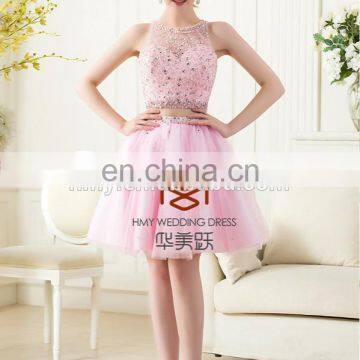 Knee Length Sheer Beaded Pink Party Dress HMY-D215 Prom Dresses