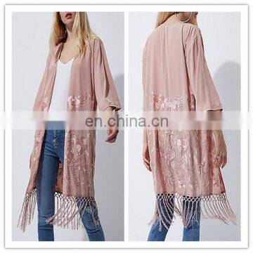 Silk Floral Pink Kimono Tops For Womens With Fringed hem cardigan