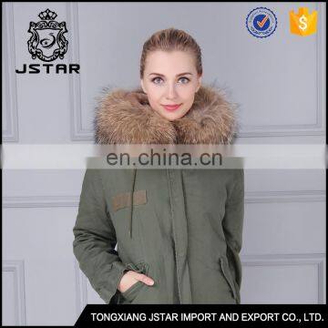 Elegant cotton shell fur lined parka with big raccoon fur hood coat