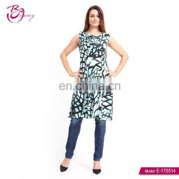 Polyester Fiber Sleeveless Ladies Clothing Tunic Print Dress