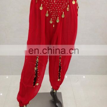 Red arabian performance belly dance harem pants with hollow and gold coins K-4029#